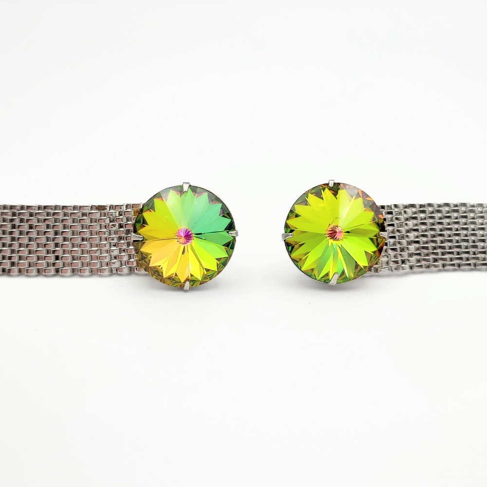 Vintage Rainbow Rivoli Crystal Silver Tone Mesh Cufflinks - Picture 3 of 12